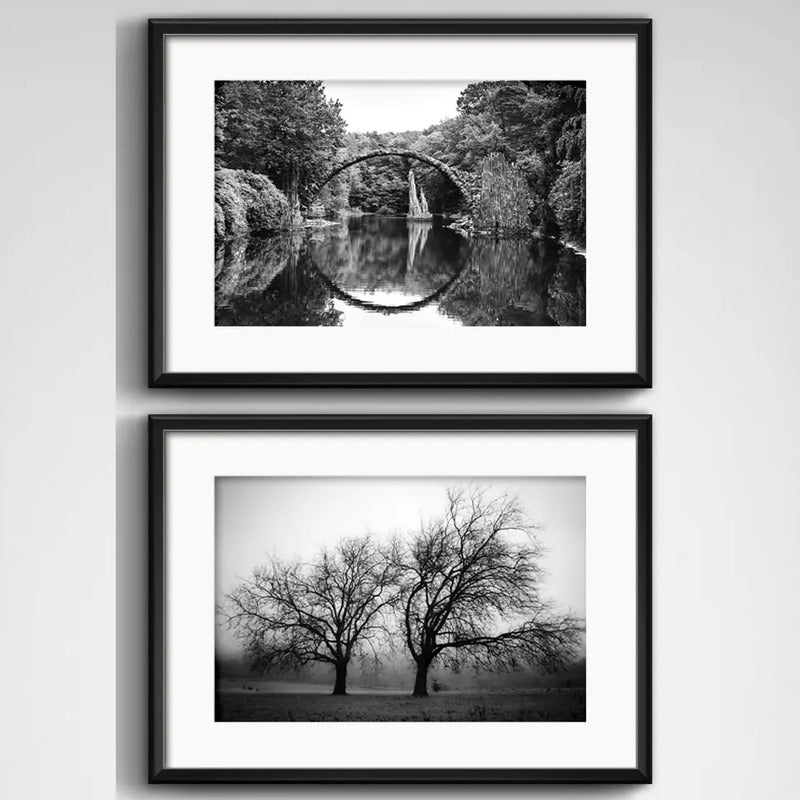 Set 2 Cuadros Paisajes Blanco Y Negro Arboles Deco Paspartu