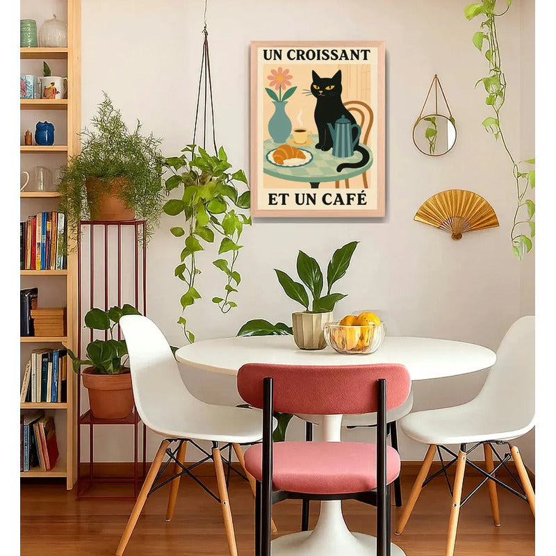 Cuadro Gato Negro Café Croissant Medialuna Gatito Marco Oak Marco Marrón Claro