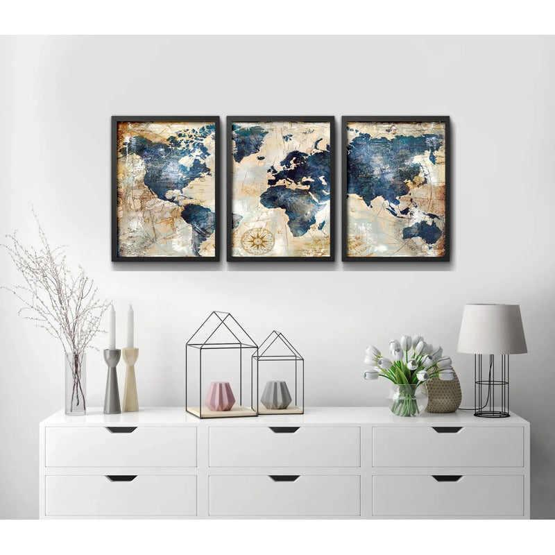 Set 3 Cuadros Mapamundi Mapa Mundo Brs10 Decoracion Oficina Marco Negro