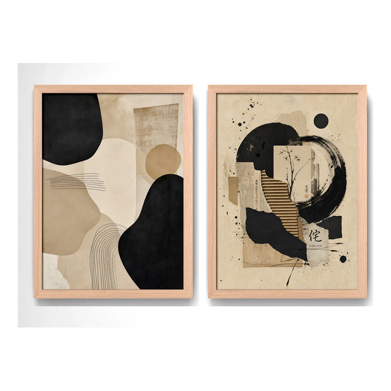 Set 2 Cuadros Boho Arte Abstracto Beige Crema Decorar Casa Marco Madera Natural Oak