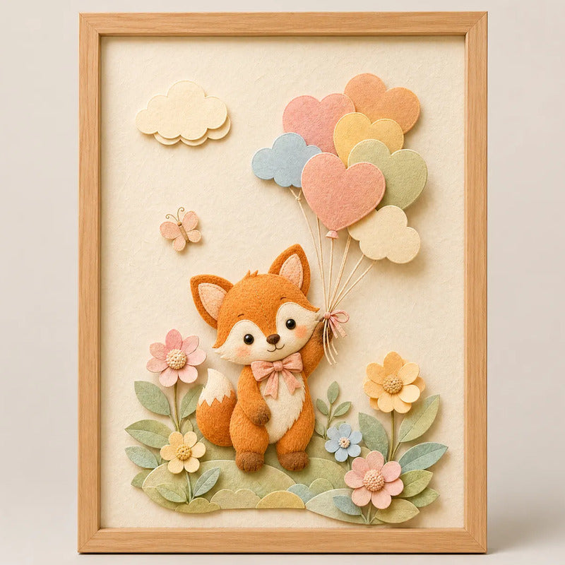 Cuadro Dormitorio Infantil Bebe Zorro Globos Flor Efecto 3d Marco Madera Oak Madera Clara