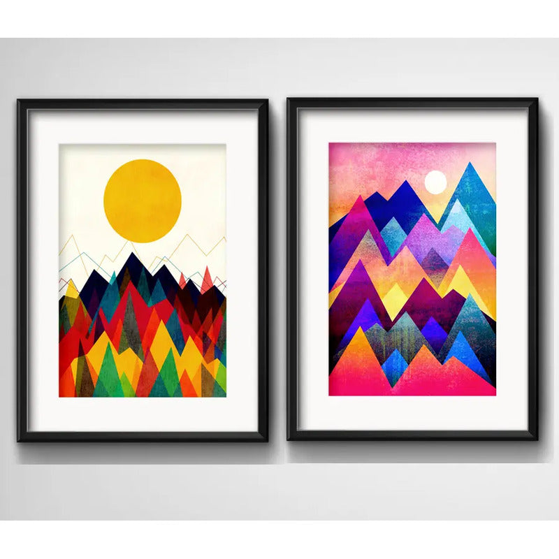 Set 2 Cuadros Geometrico Escandinavo Sol Montañas Paspartú