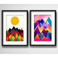 Set 2 Cuadros Geometrico Escandinavo Sol Montañas Paspartú