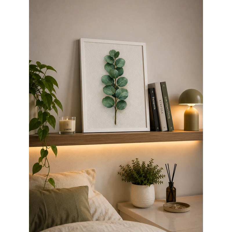 Cuadro Living Dormitorio Hojas Eucalipto Tonos Verdes Brs2 Marco Blanco
