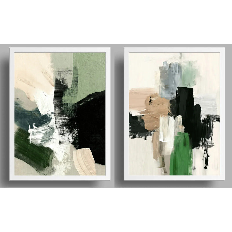 Set 2 Cuadros Dormitorio Living Abstracto Mossy Calm 2 Verde Marco Blanco