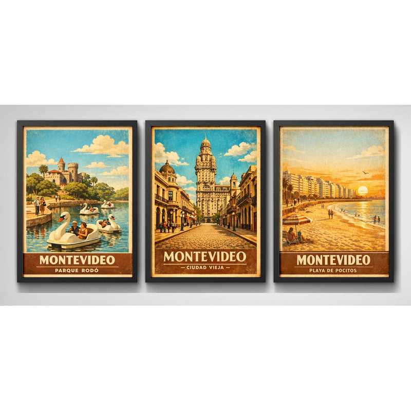 Set 3 Cuadros Montevideo Pocitos Parque Rodo Retro Uruguay Marco Negro