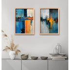 Set 2 Cuadros Dormitorio Living Abstracto Arte Azul Dorado Marco Marrón Claro