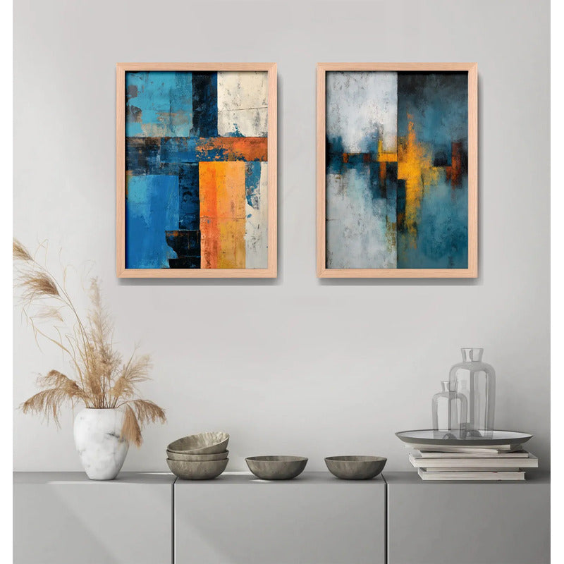 Set 2 Cuadros Dormitorio Living Abstracto Arte Azul Dorado Marco Marrón Claro