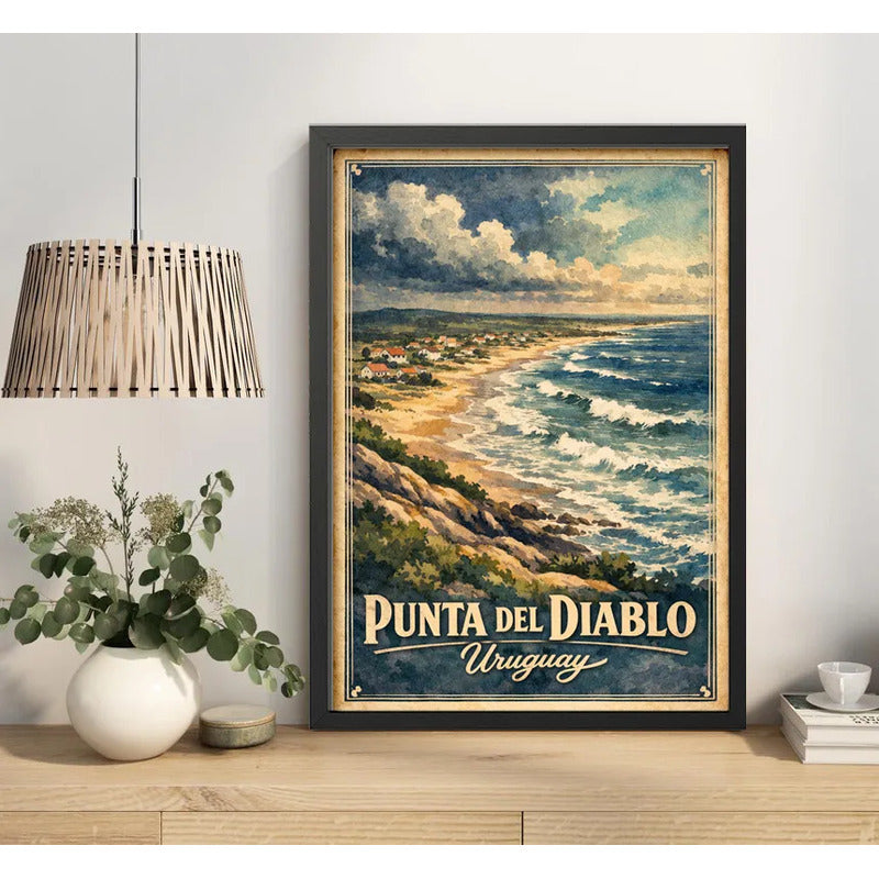 Cuadro Punta Del Diablo Playa Pueblo Arte Retro Uruguay Marco Negro