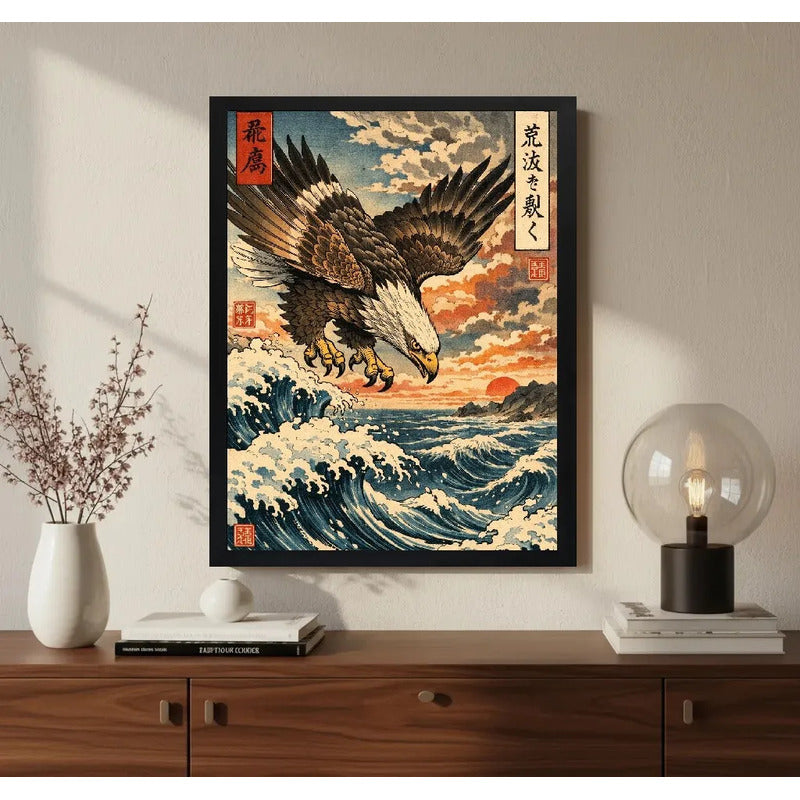 Cuadro Águila Volando Ola Kanagawa Japón Arte Oriental Marco Negro