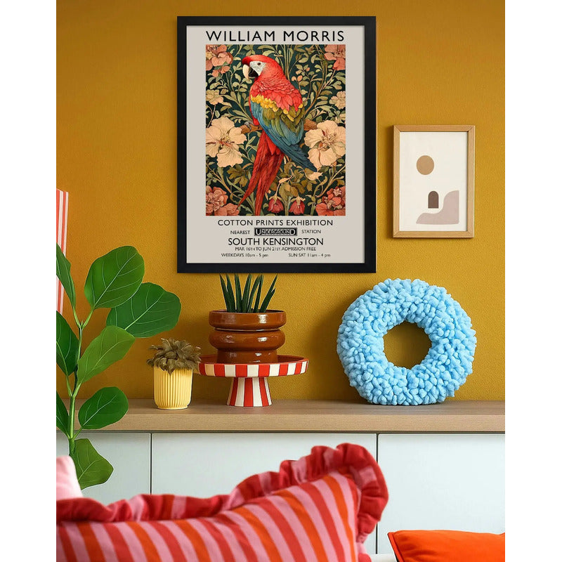 Cuadro Loro Y Flores William Morris Botanico Aves Floral B1 Marco Negro