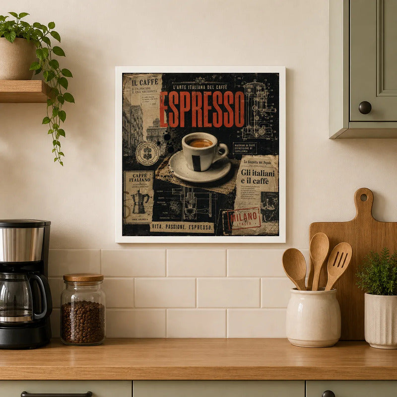 Cuadro Living Comedor Cocina Café Espresso Coffee B2 33x33cm Marco Blanco