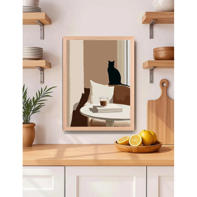 Cuadro Living Cocina Gato Cafe Arte Cozy Cat Tono Neutro Oak Marco Marrón Claro