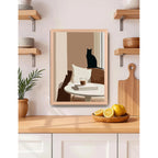 Cuadro Living Cocina Gato Cafe Arte Cozy Cat Tono Neutro Oak Marco Marrón Claro