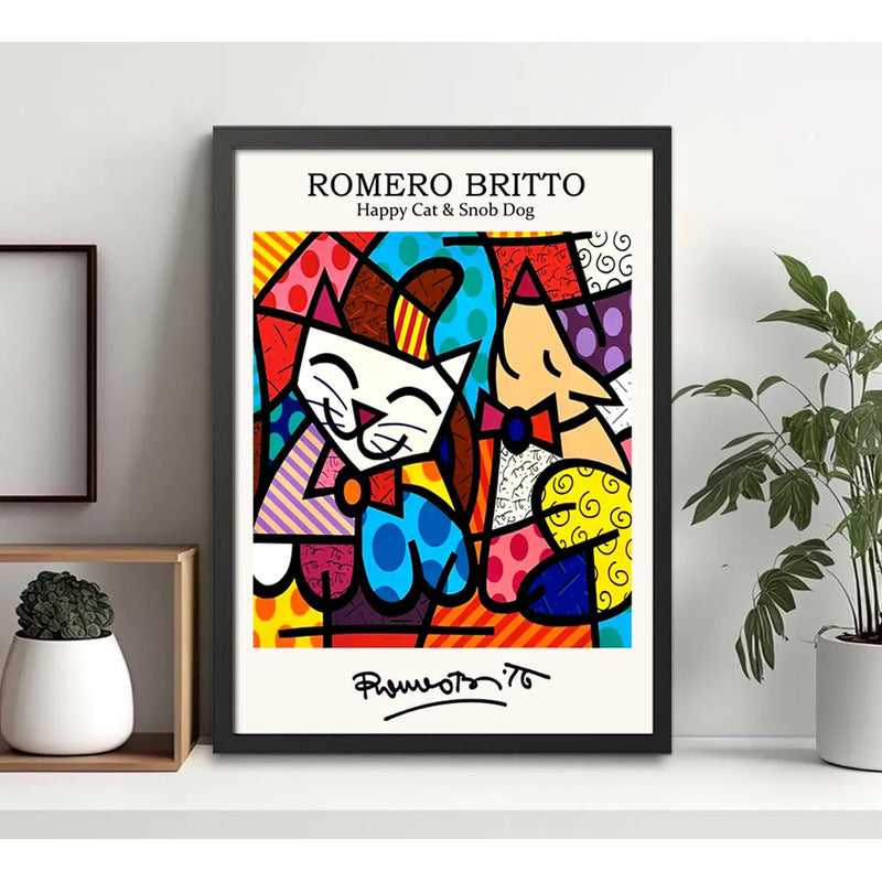 Cuadro Romero Britto Pop Art Gato Feliz Perro Snob Living Marco Negro