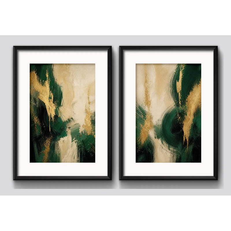 Set 2 Cuadros Boho Arte Abstracto Verde Beige Con Paspartu 43x33cm Cada Cuadro Negro