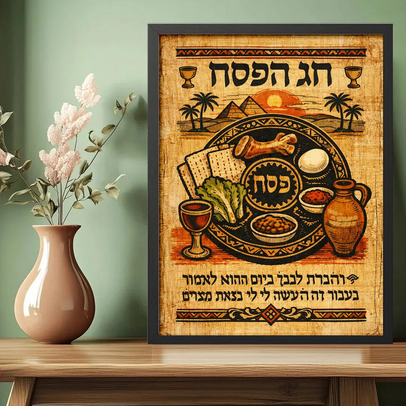 Cuadro Arte Judaico Pésaj La Pascua Judía Cena Retro Vintage Marco Negro