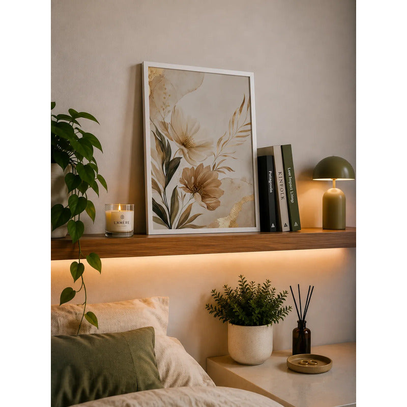 Cuadro Living Dormitorio Hojas Floral Beige Dorado Abstracto Marco Blanco