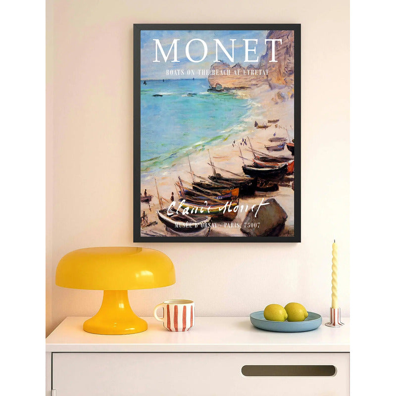 Cuadro Dormitorio Living Claude Monet Barcos Playa Étretat Marco Negro