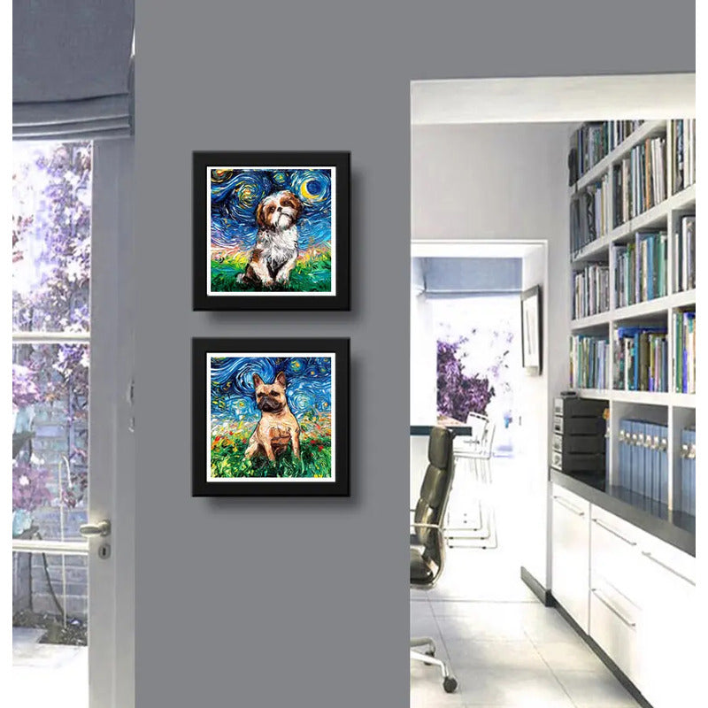 Set 2 Cuadros Perro Van Gogh Bulldog Shih Tzu Mascota Decor