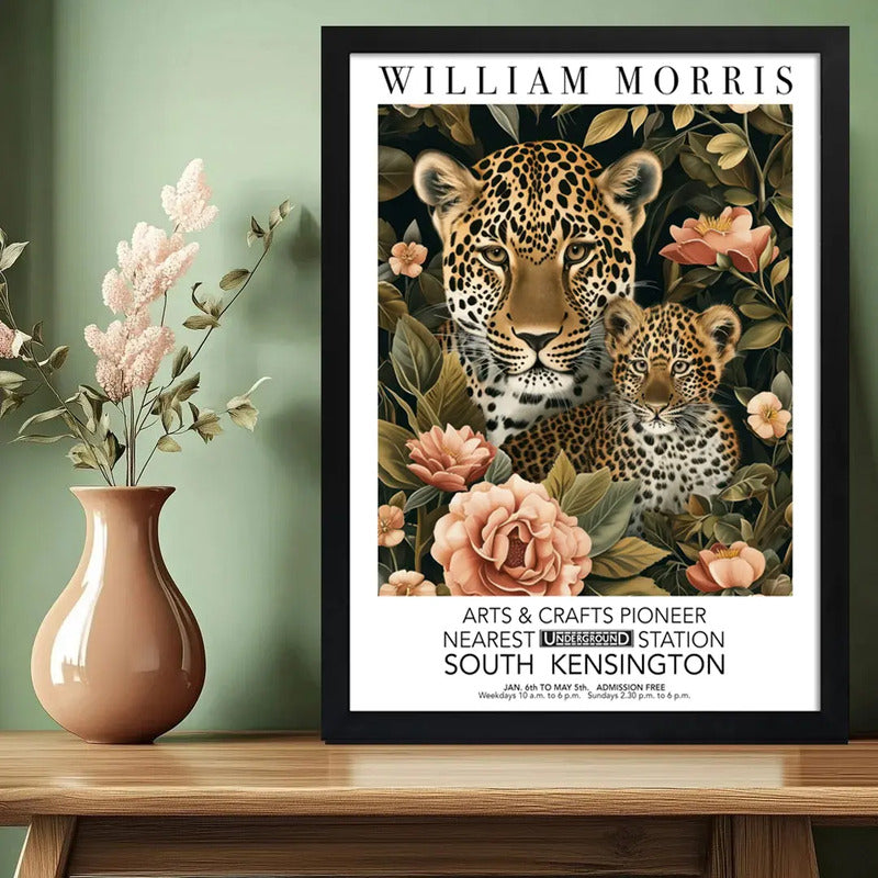 Cuadro Leopardos William Morris Botanico Flores Exposición Marco Negro