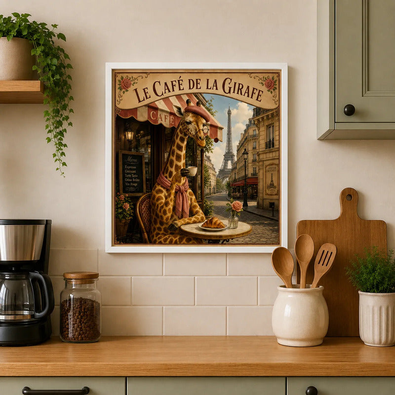 Cuadro Living Comedor Cocina Café Paris Jirafa 33x33cm Marco Blanco