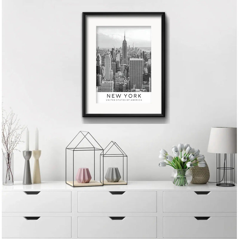 Cuadro New York Blanco Negro Foto B1 53x43cm Con Paspartú Marco Negro