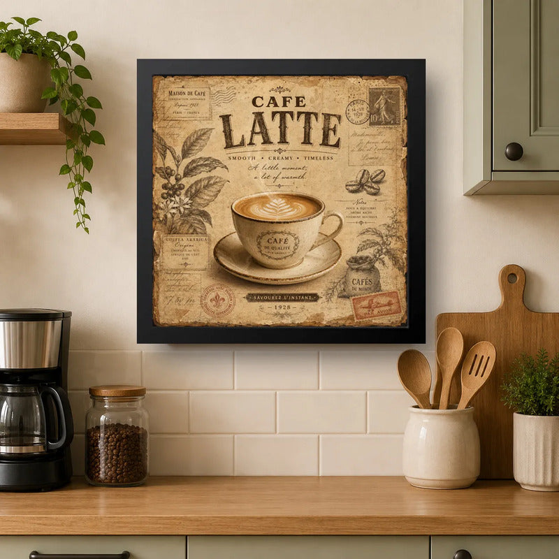 Cuadro Living Comedor Cocina Café Latte Coffee Br2 33x33cm Marco Negro