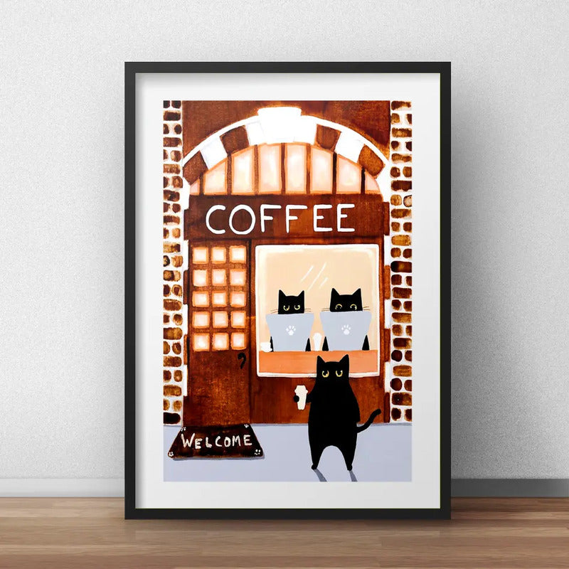 Cuadro Gato Negro Café Gatito Decoracion Brs1 Con Paspartú Marco Negro