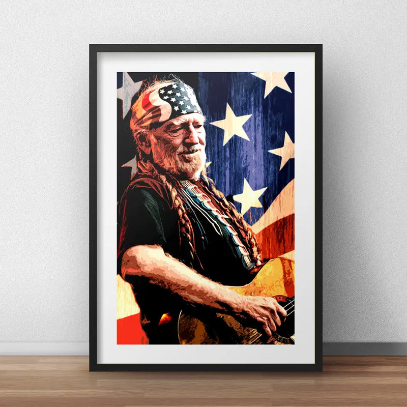 Cuadro Willie Nelson Bandera Estados Unidos Rock C/ Paspartú Marco Negro