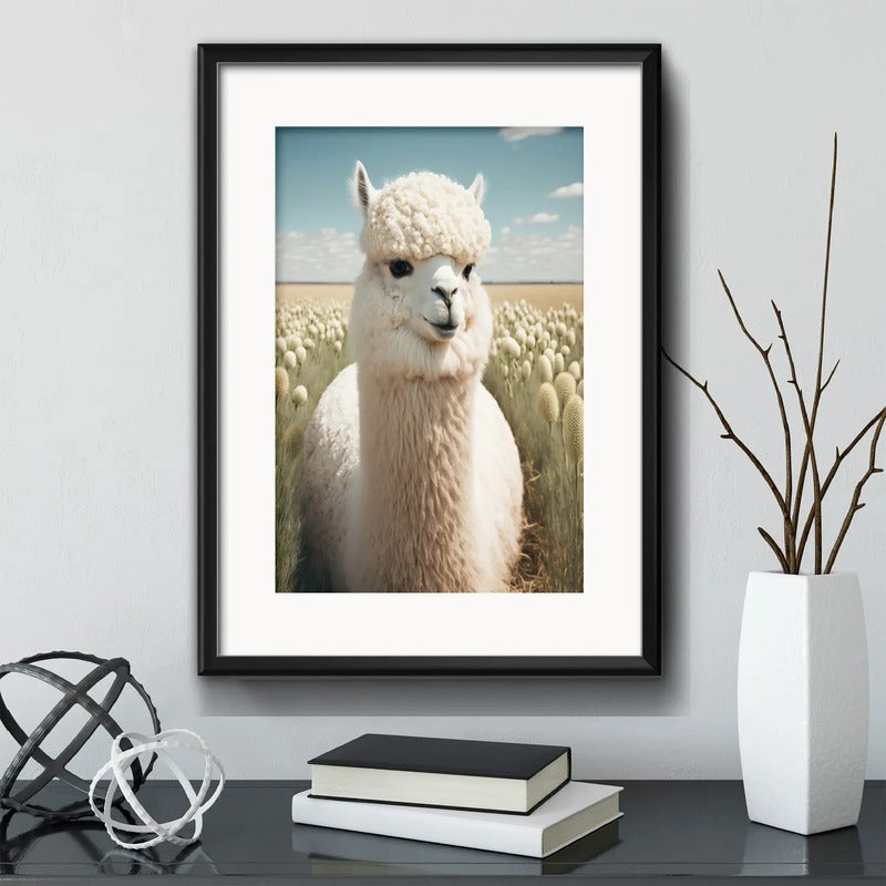 Cuadro Alpaca Camelidae Animal Campo Decoracion Con Paspartú Marco Negro