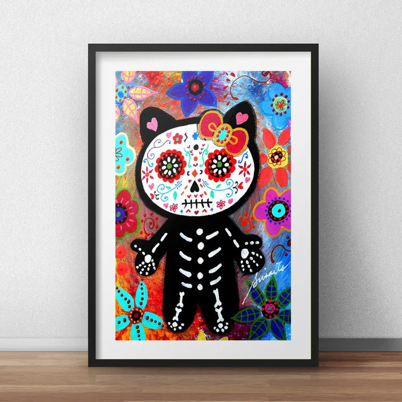 Cuadro Gato Perro Calavera Mexicana Decoracion Con Paspartú