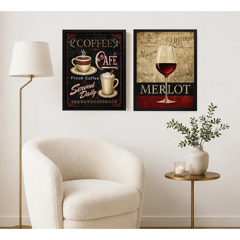 Set 2 Cuadros Café Y Vino Retro Decora Cocina Living Comedor Marco Negro