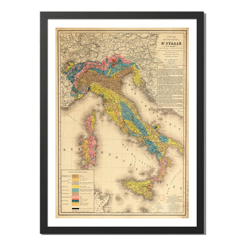 Cuadro Mapas Del Mundo Mapamundi Cartografia Vintage Arte Mapa Geológico Histórico De Italia 1864 Con Marco Negro