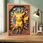 Cuadro Pikachu Efecto 3d Pokemon Anime Kids Japon Marco Madera Oak Madera Clara