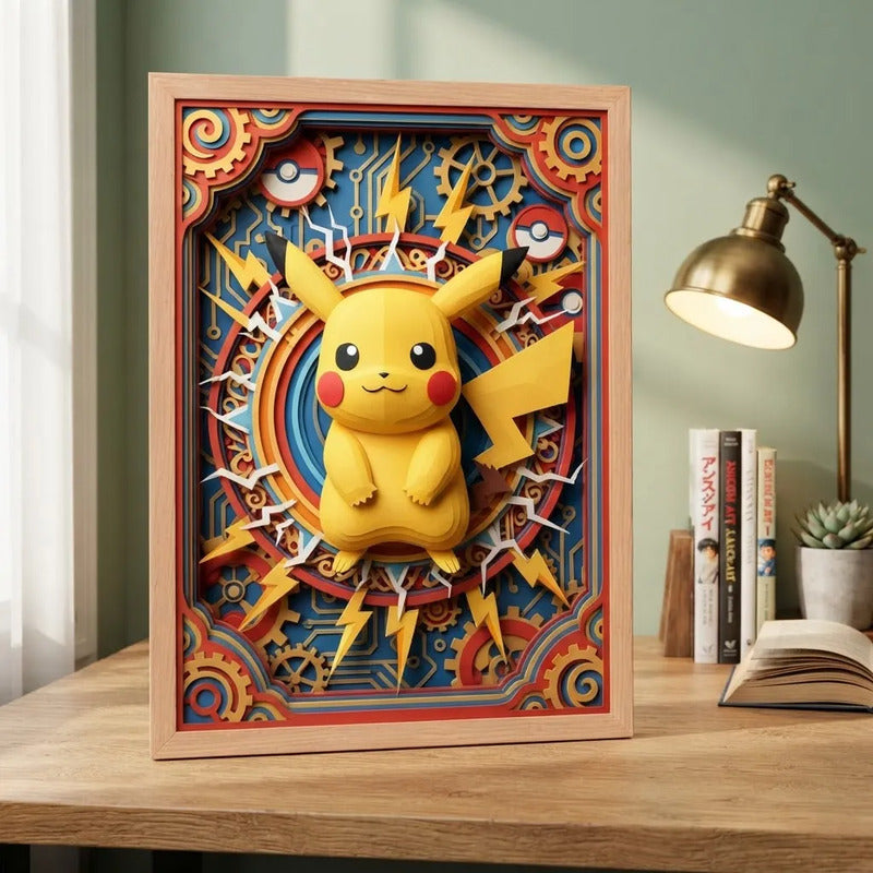 Cuadro Pikachu Efecto 3d Pokemon Anime Kids Japon Marco Madera Oak Madera Clara