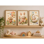Set 3 Cuadros Infantil Bebe Oso Conejo Gato Luna Efecto 3d Marco Madera Oak Marrón Claro
