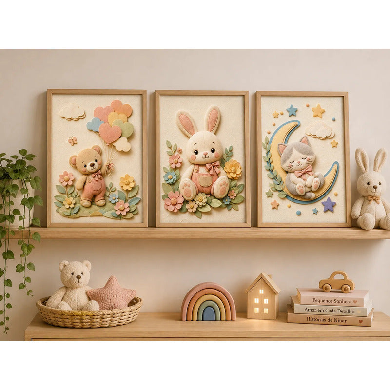 Set 3 Cuadros Infantil Bebe Oso Conejo Gato Luna Efecto 3d Marco Madera Oak Marrón Claro