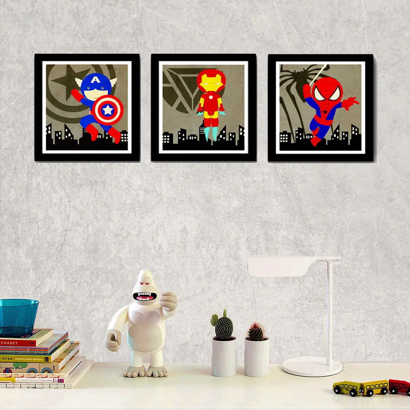 Set 3 Cuadros Heroes Kids Capitan America Iron Man Spiderman