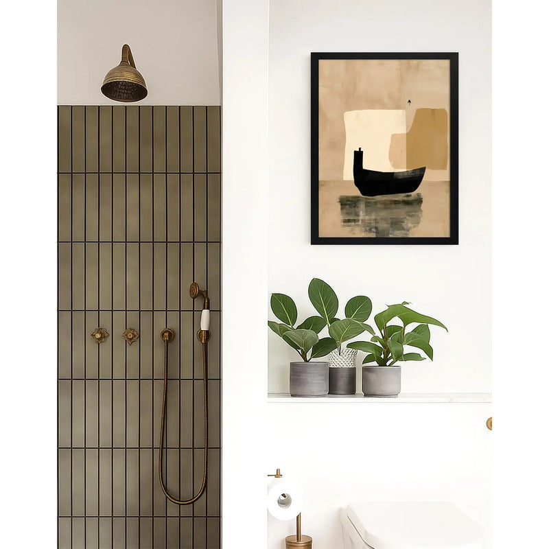 Cuadro Dormitorio Living Boho Abstracto Barco Tonos Neutros Marco Negro
