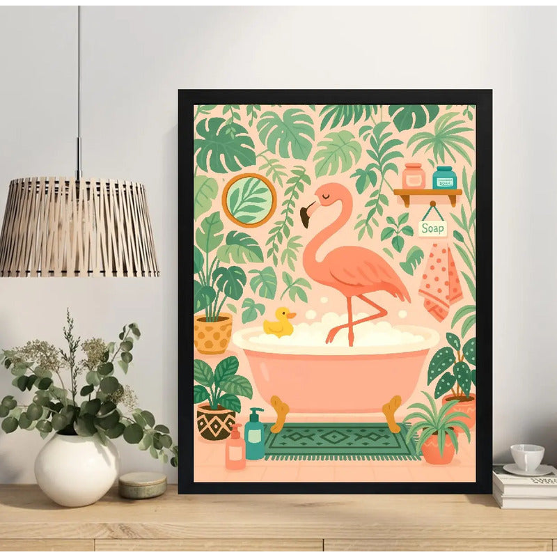 Cuadro Flamenco Bano Banera Boho Plantas Rosa Decoracion Marco Negro