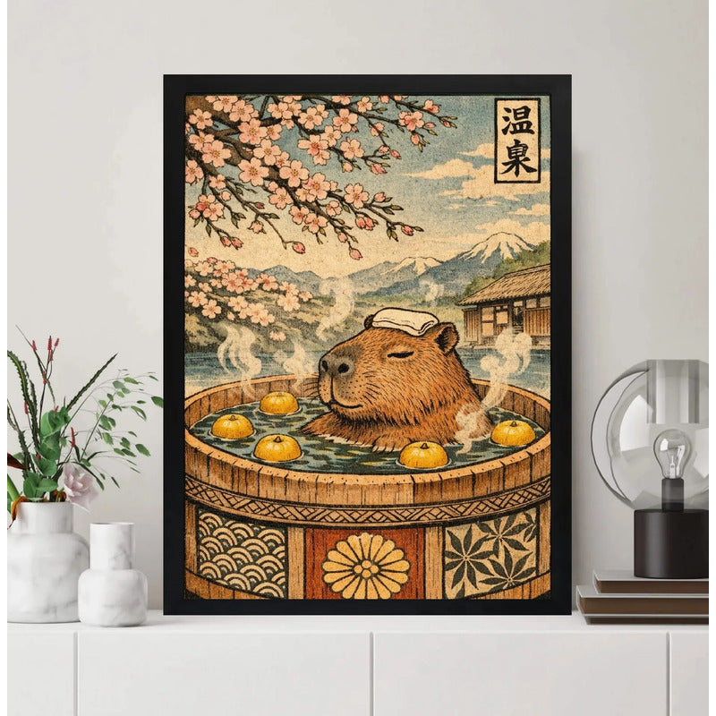 Cuadro Carpincho Banera Flores Cerezo Bano Japón Decoracion Marco Negro