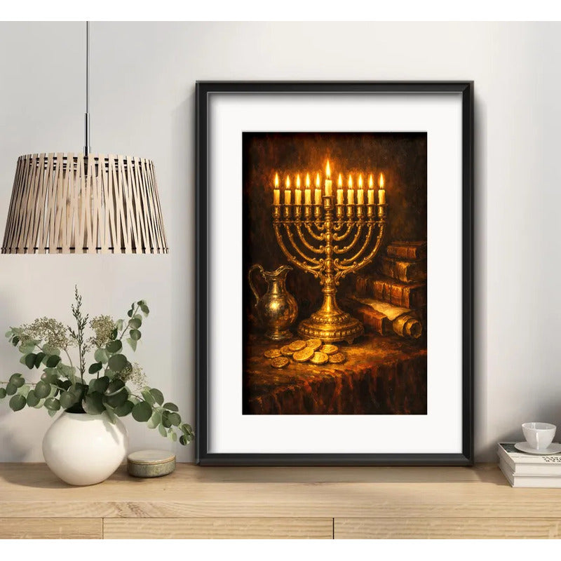 Cuadro Arte Judaico Janucá Hanukkah Candelabro Con Paspartú Marco Negro