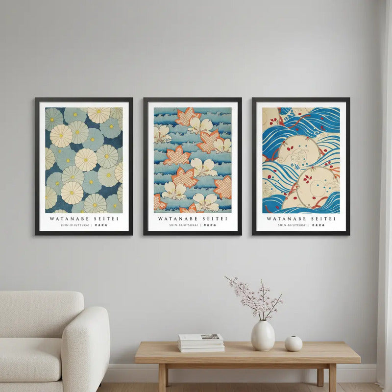 Set 3 Cuadros Dormitorio Living Watanabe Seitei I Arte Japón Marco Negro
