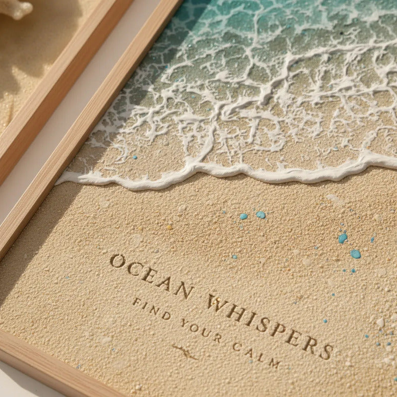 Set 3 Cuadros Paisajes De Playa Concha Estrella Coral Frases Marco Marrón Claro