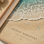 Set 3 Cuadros Paisajes De Playa Concha Estrella Coral Frases Marco Marrón Claro