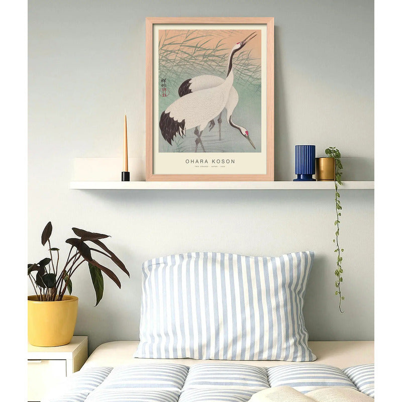 Cuadro Ohara Koson Dos Grullas Aves Arte Japones Marco Oak Marco Marrón Claro