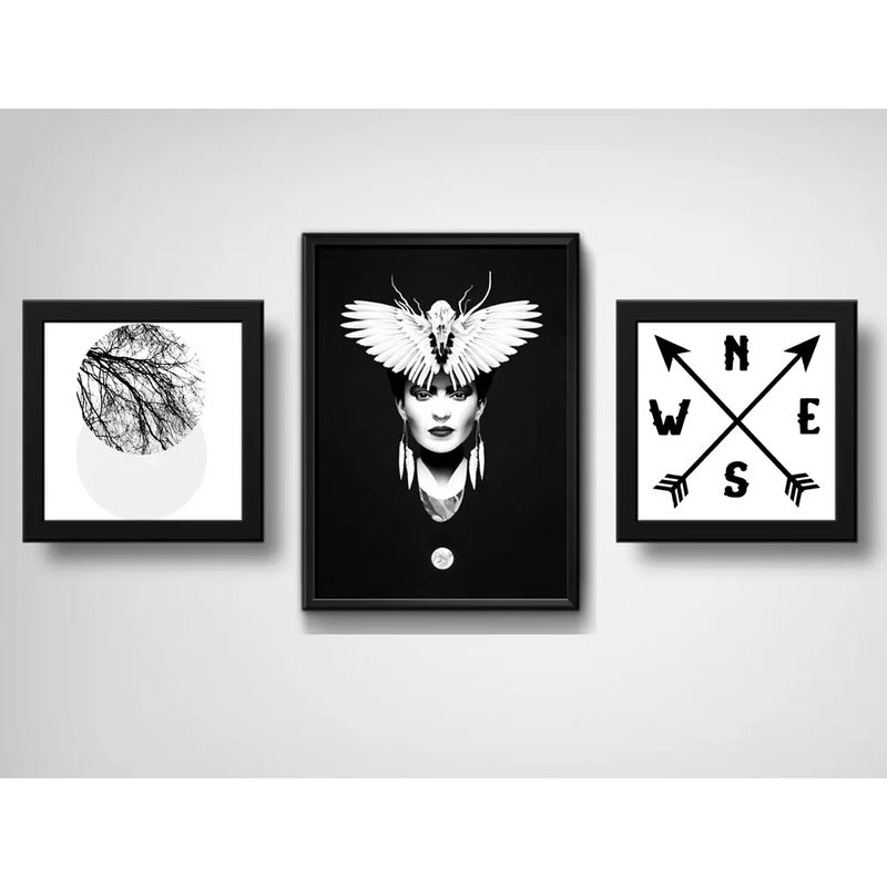 Set 3 Cuadros Frida Kahlo Mariposa Luna Arbol Blanco Y Negro