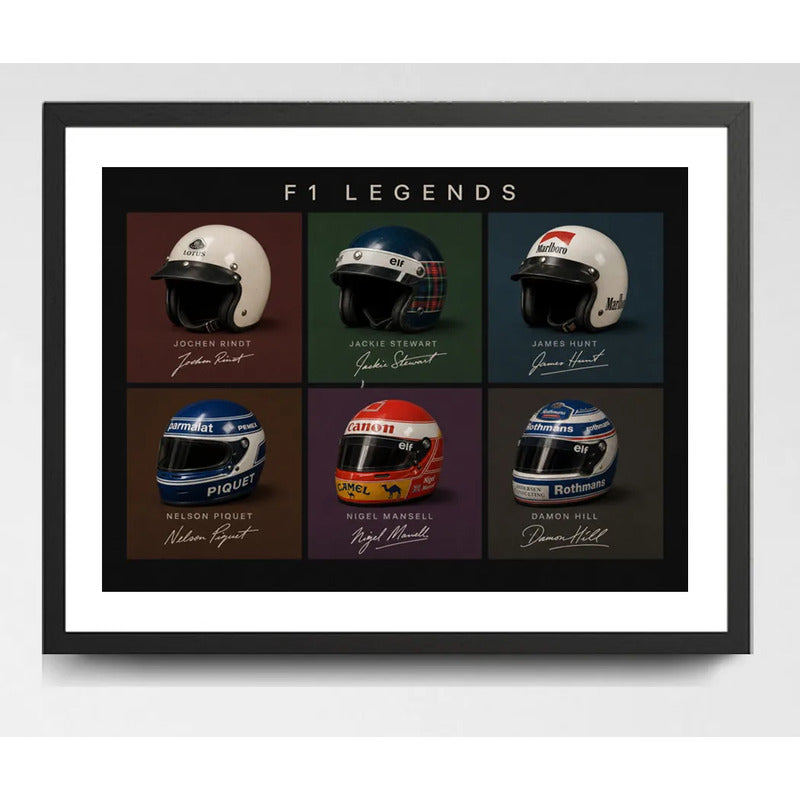 Cuadro Casco Formula 1 Auto Rindt Stewart Hunt Piquet Mansel Marco Negro