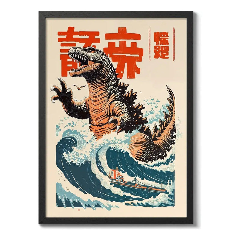 Cuadro La Gran Ola Dragón Arte Japonés Anime Decoracion Godzilla Japón Marco Negro